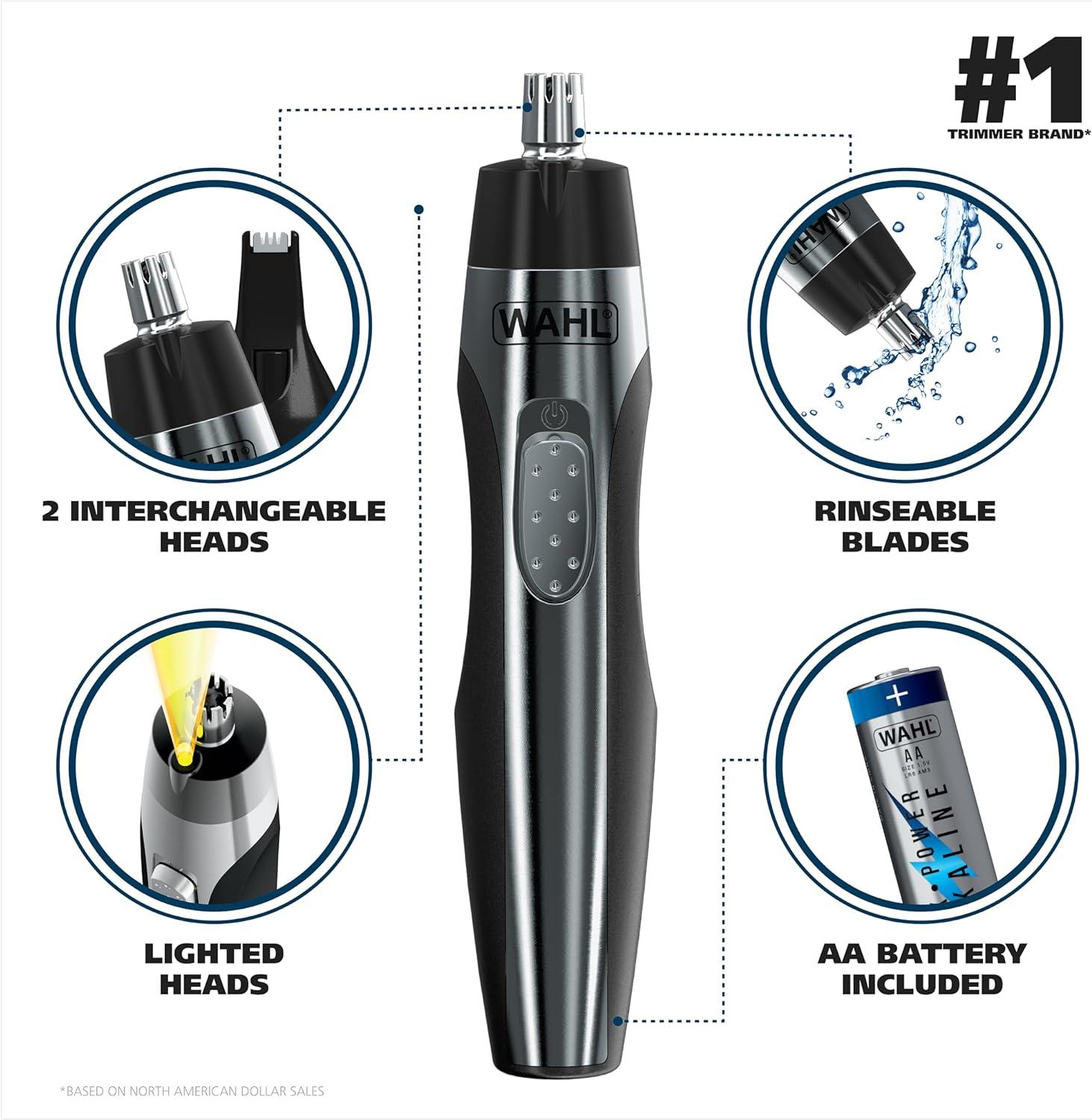 imageWahl Lighted Battery Nose Hair Trimmer for Men ampamp Women Painless Easy to See Nose Ear and Eyebrow Trimming with Built in Light Battery Included  Model 3023283BlackSilver