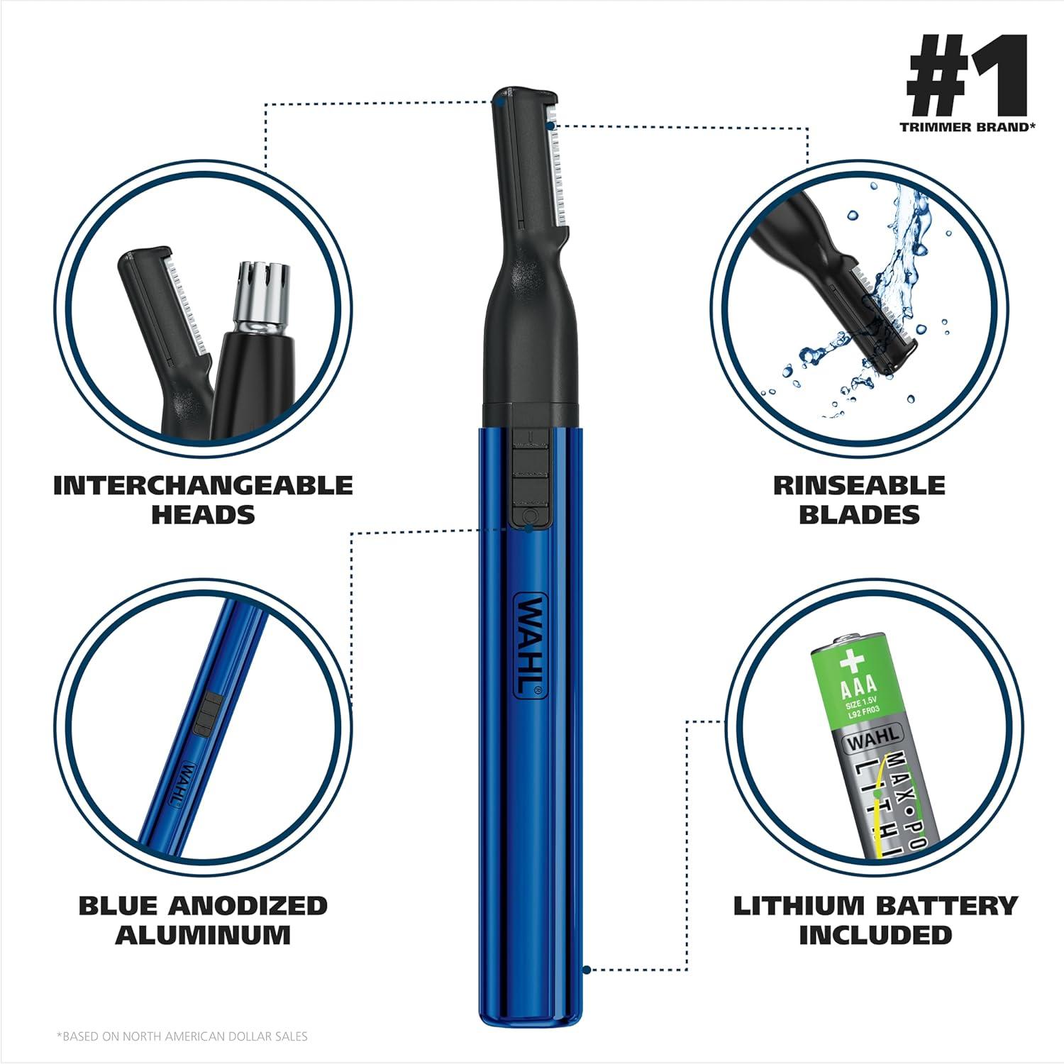 imageWahl Lithium 2 in 1 Battery Pen Detail Touch Up Trimmer for Nose Ear Neckline Eyebrow ampamp Other Detailing  Blue  by The Brand Used by Professionals  Model 56432002 Heads