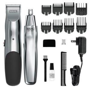 imageWahl Groomsman Rechargeable Beard Trimmer kit for Mustaches Nose Hair and Light Detailing and Grooming with Bonus WetDry Battery Nose Trimmer  Model 5622vSilver