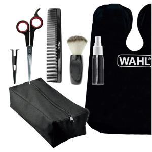 imageWahl Home Haircutting Kit Essentials Featuring Barbers Haircutting Cape Styling Comb Scissors with Blade Guard Neck Duster Spray Bottle ampamp Soft Pouch Case  Model 03599